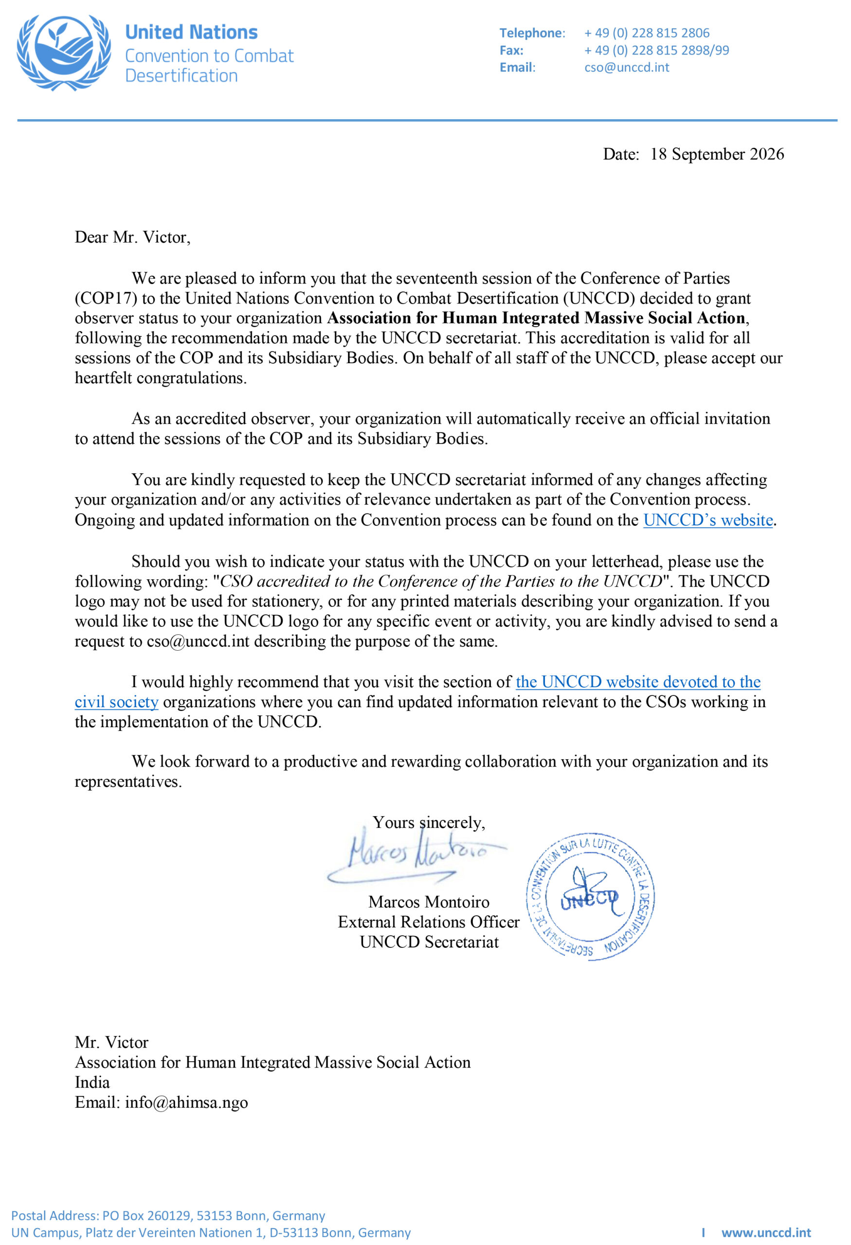 UNCCD COP17 Accreditation – Association for Human Integrated Massive Social Action